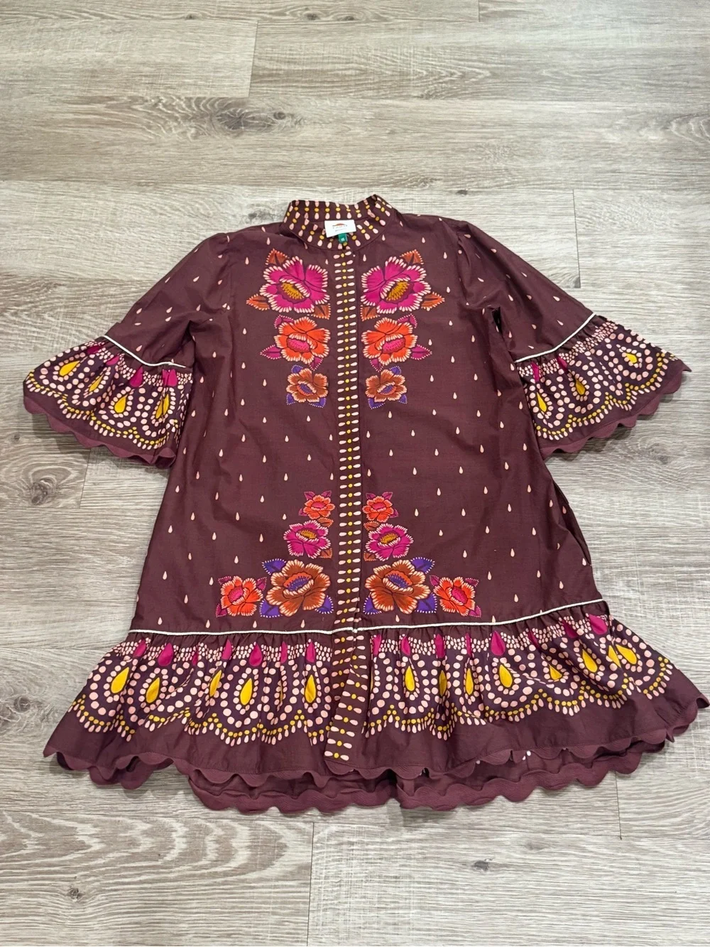 Farm Rio Floral Print Mini Dress Bell Sleeve Ruffle Hem Boho XS